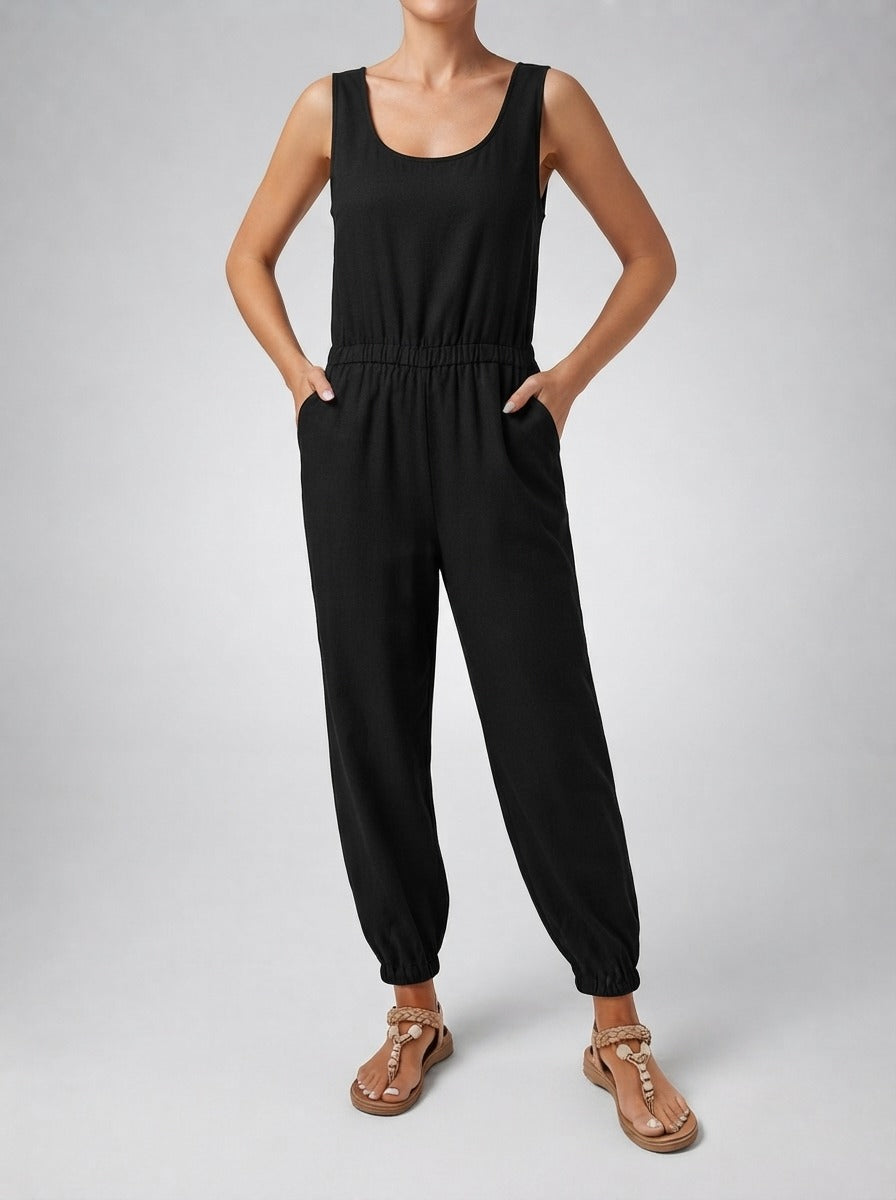 Women's Elegant Round Neck Sleeveless Jumpsuit with Pockets