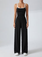 Women's Elegant Ruched Wide Leg Jumpsuit with Square Neck