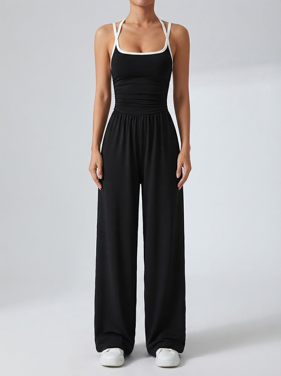 Women's Elegant Ruched Wide Leg Jumpsuit with Square Neck