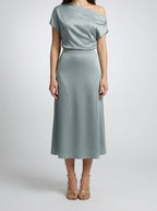 Women's Elegant Satin One-Shoulder Draped A-Line Wedding Guest Midi Dress