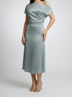 Women's Elegant Satin One-Shoulder Draped A-Line Wedding Guest Midi Dress