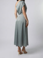 Women's Elegant Satin One-Shoulder Draped A-Line Wedding Guest Midi Dress