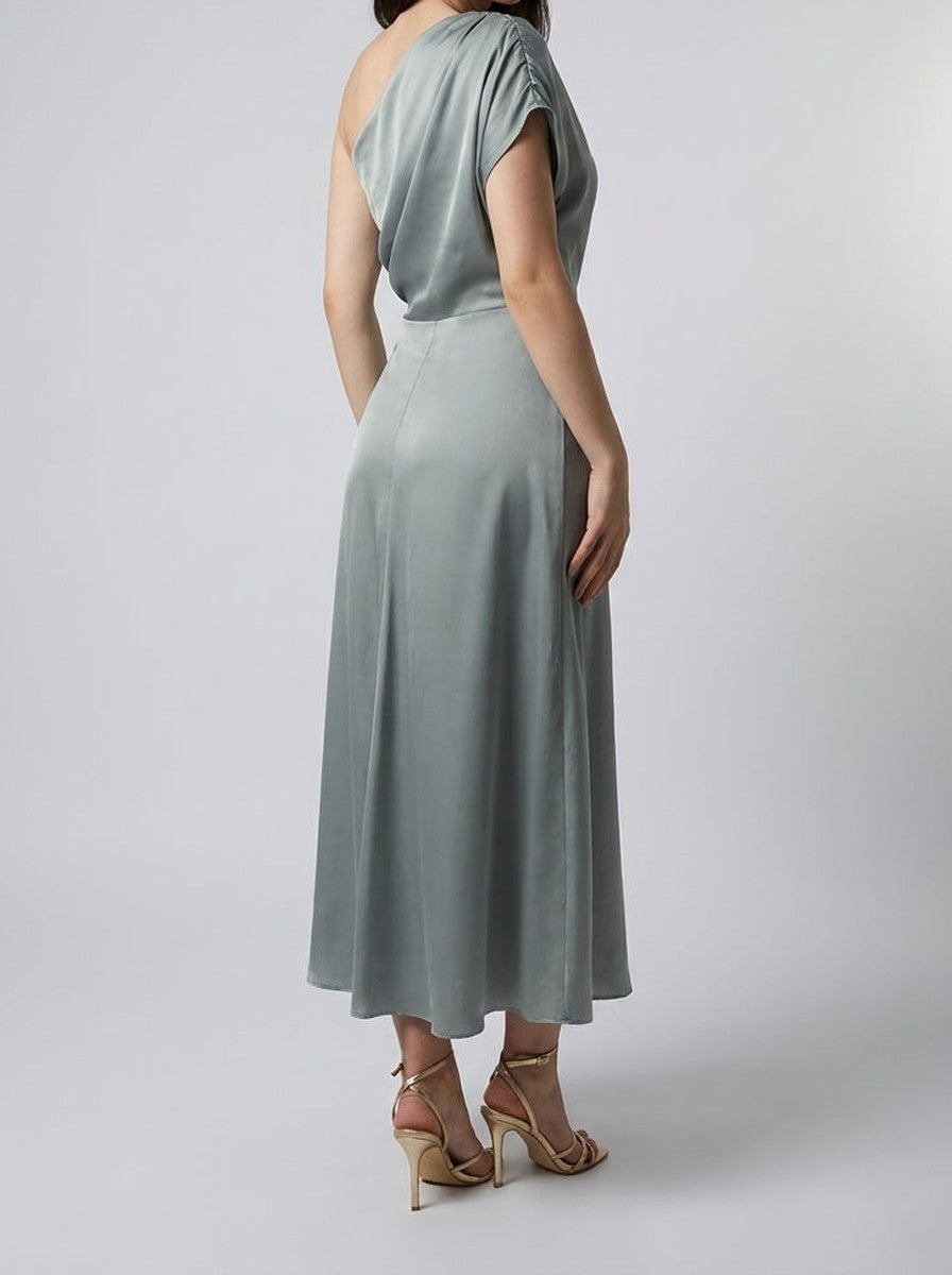 Women's Elegant Satin One-Shoulder Draped A-Line Wedding Guest Midi Dress