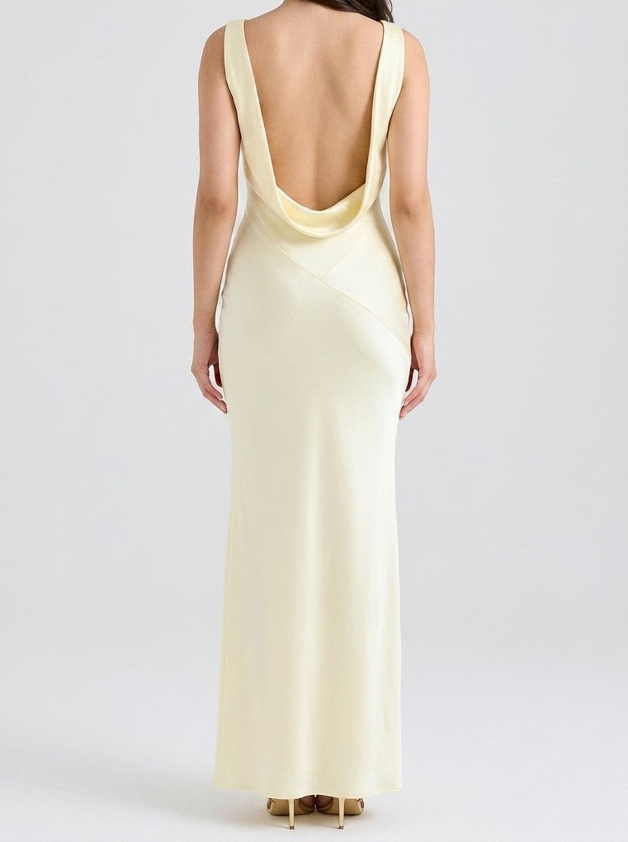 Women's Elegant Satin Slip Wedding Guest Maxi Dress with Cowl Neck