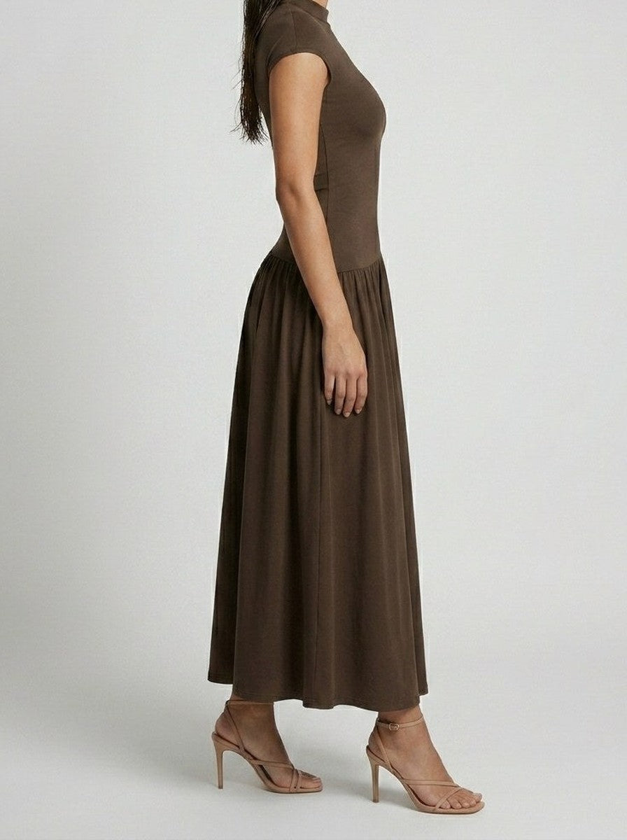 Women's Elegant Short Sleeve Wedding Guest Maxi Dress with Mock Neck