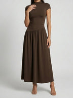 Women's Elegant Short Sleeve Wedding Guest Maxi Dress with Mock Neck