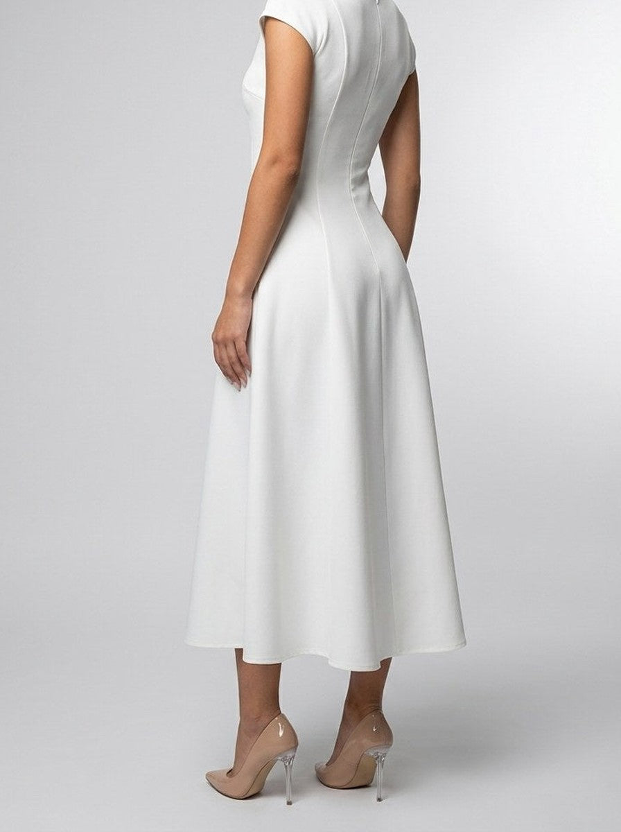 Women's Elegant Square Neck Cap Sleeve A-Line Occasion Midi Dress