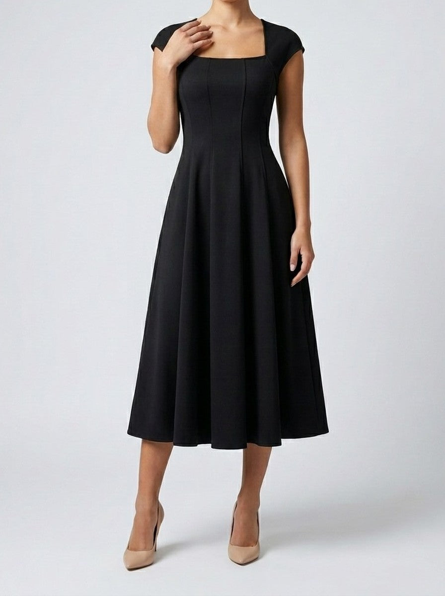 Women's Elegant Square Neck Cap Sleeve A-Line Occasion Midi Dress