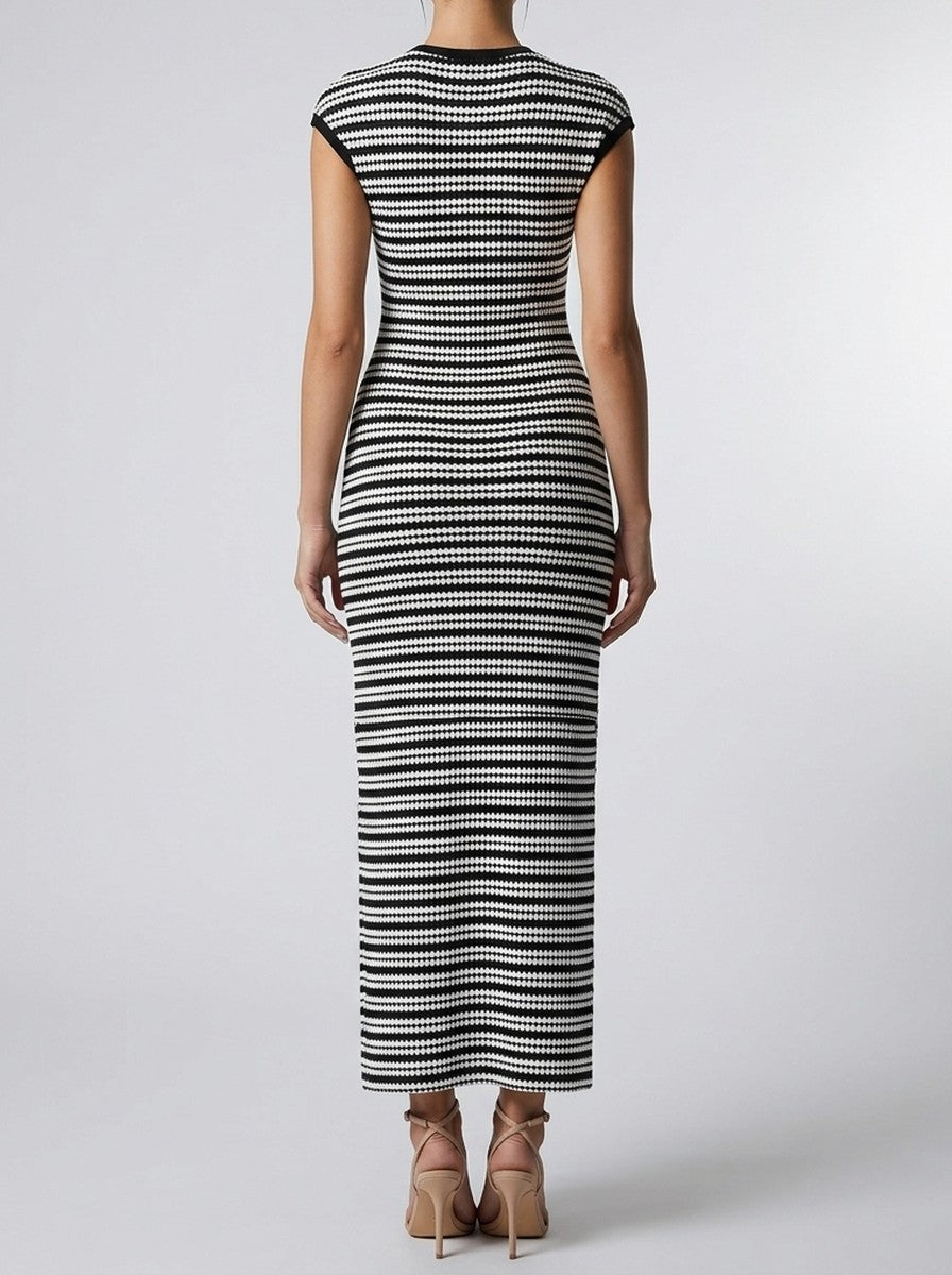 Women's Elegant Striped Bodycon Occasion Maxi Dress with Cap Sleeve
