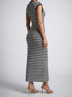 Women's Elegant Striped Bodycon Occasion Maxi Dress with Cap Sleeve