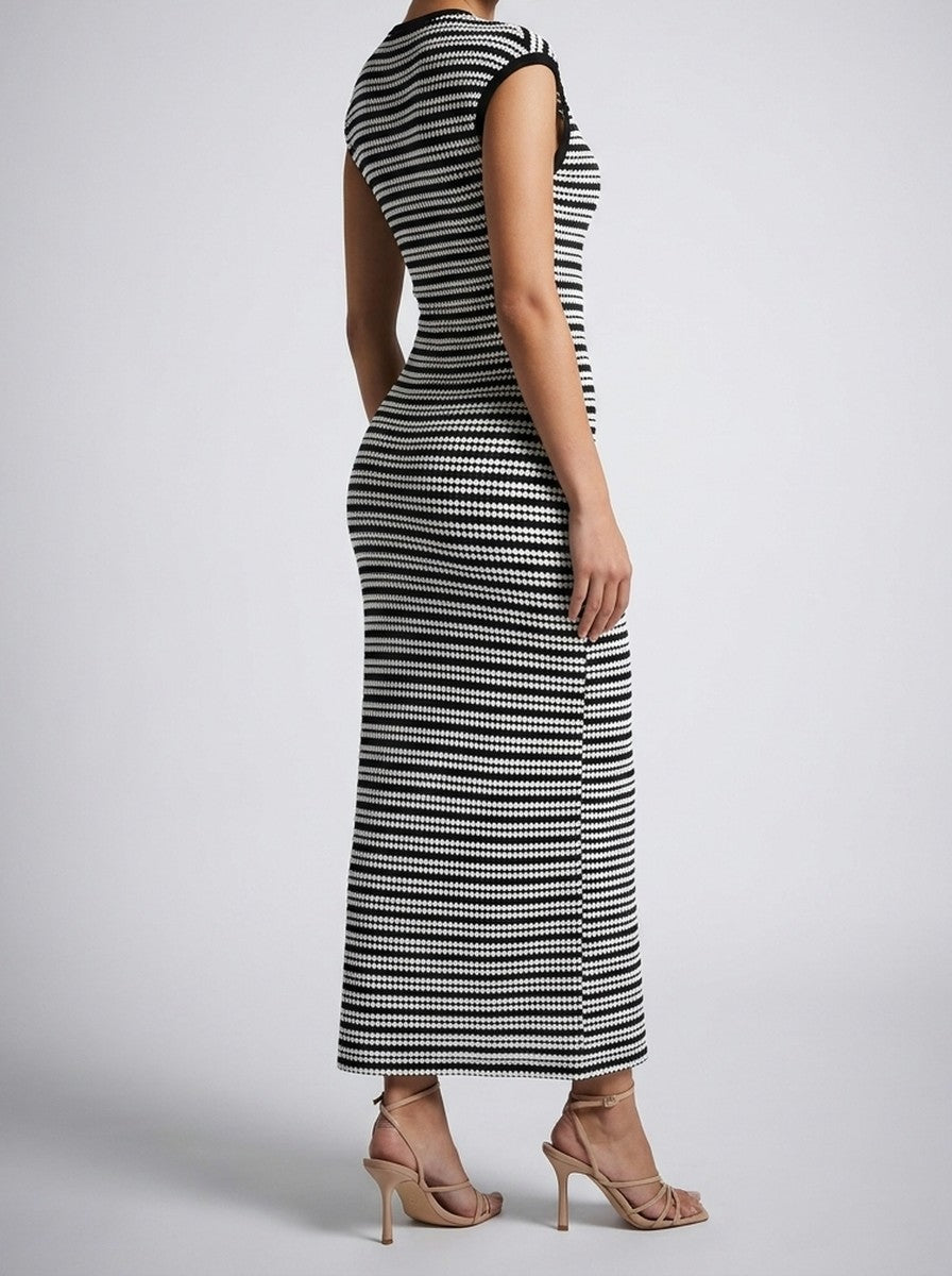 Women's Elegant Striped Bodycon Occasion Maxi Dress with Cap Sleeve