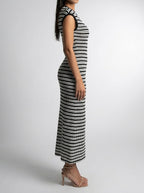 Women's Elegant Striped Bodycon Occasion Maxi Dress with Cap Sleeve
