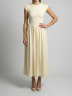 Women's Elegant Wedding Guest Maxi Dress with Cap Sleeve and Round Neck