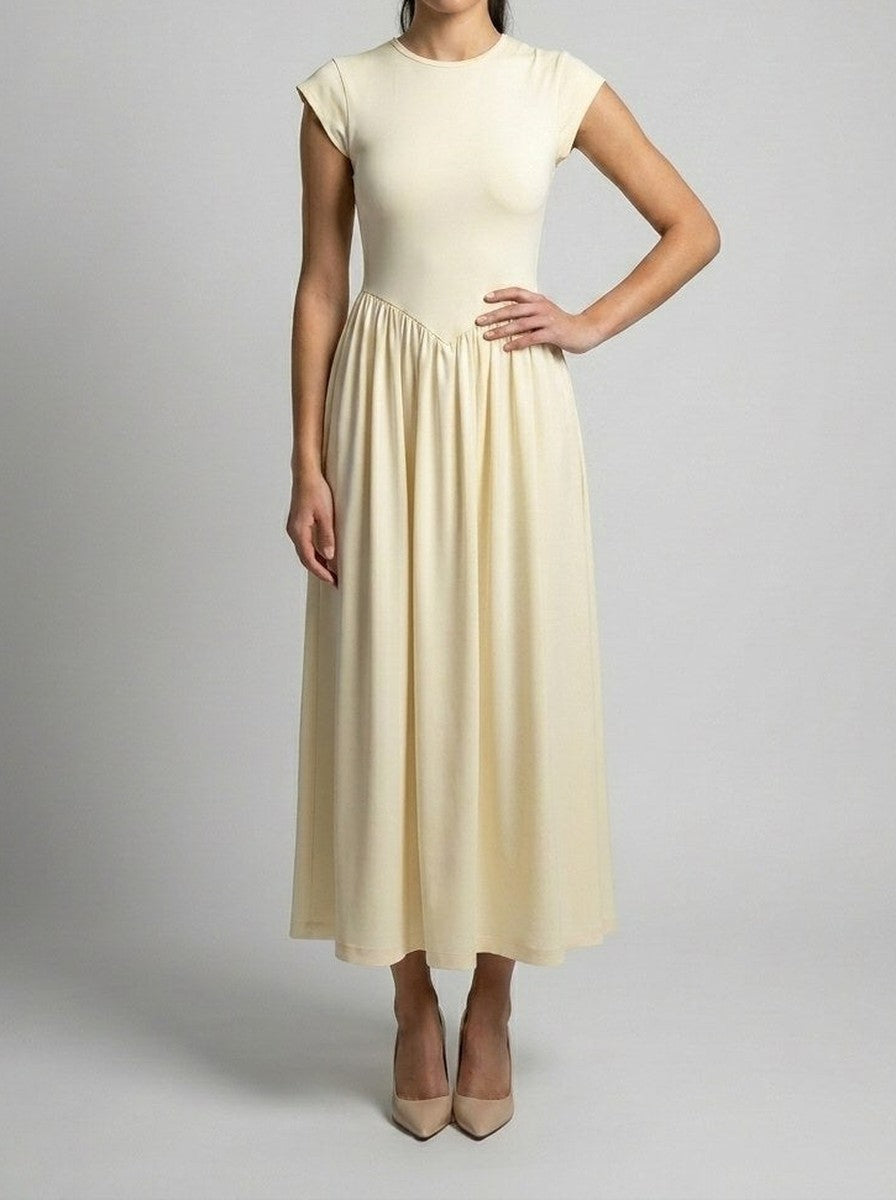 Women's Elegant Wedding Guest Maxi Dress with Cap Sleeve and Round Neck