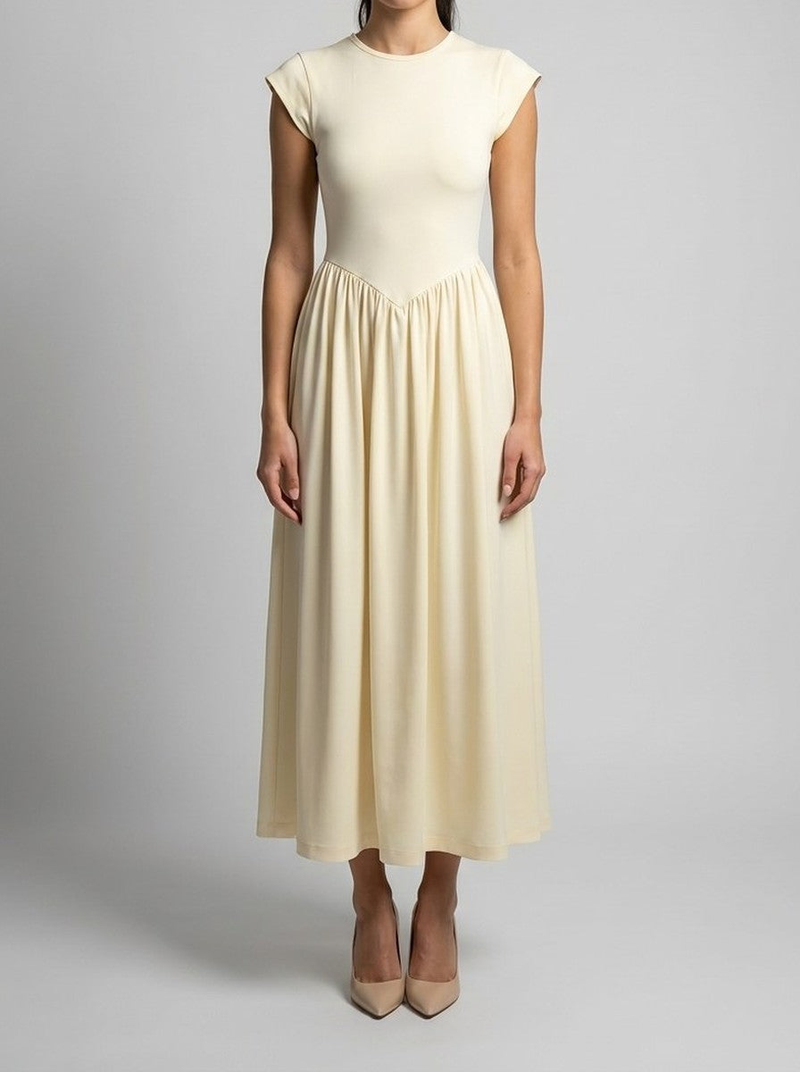 Women's Elegant Wedding Guest Maxi Dress with Cap Sleeve and Round Neck