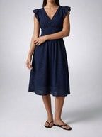 Women's Eyelet V-Neck Ruffle Cap Sleeve Midi Dress