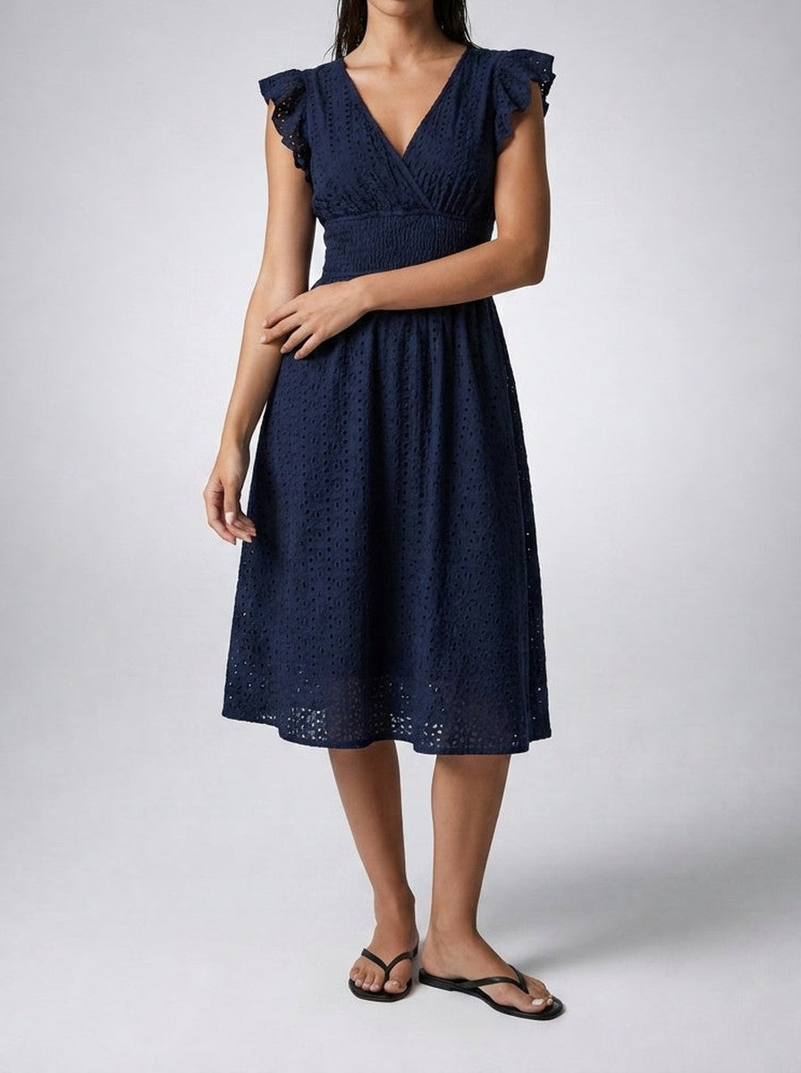 Women's Eyelet V-Neck Ruffle Cap Sleeve Midi Dress