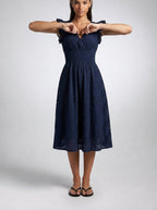 Women's Eyelet V-Neck Ruffle Cap Sleeve Midi Dress