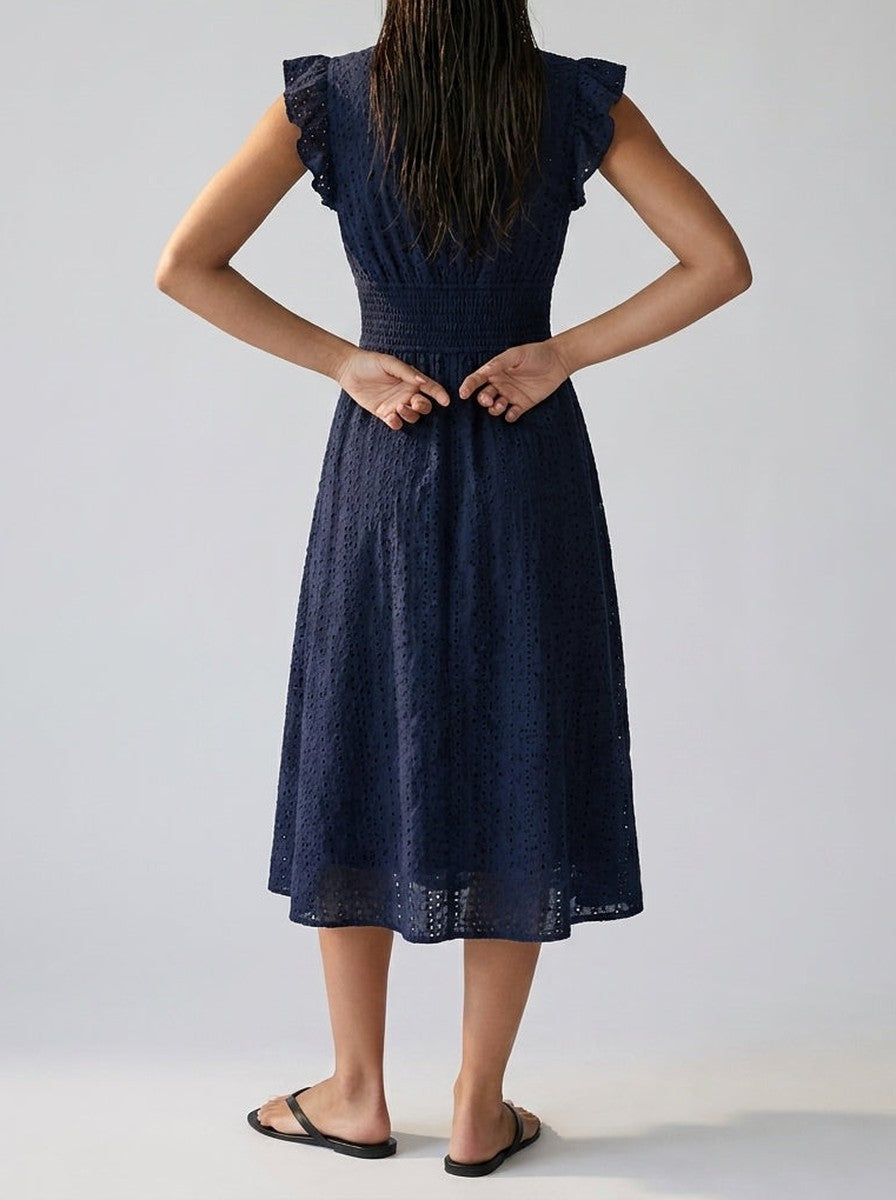 Women's Eyelet V-Neck Ruffle Cap Sleeve Midi Dress