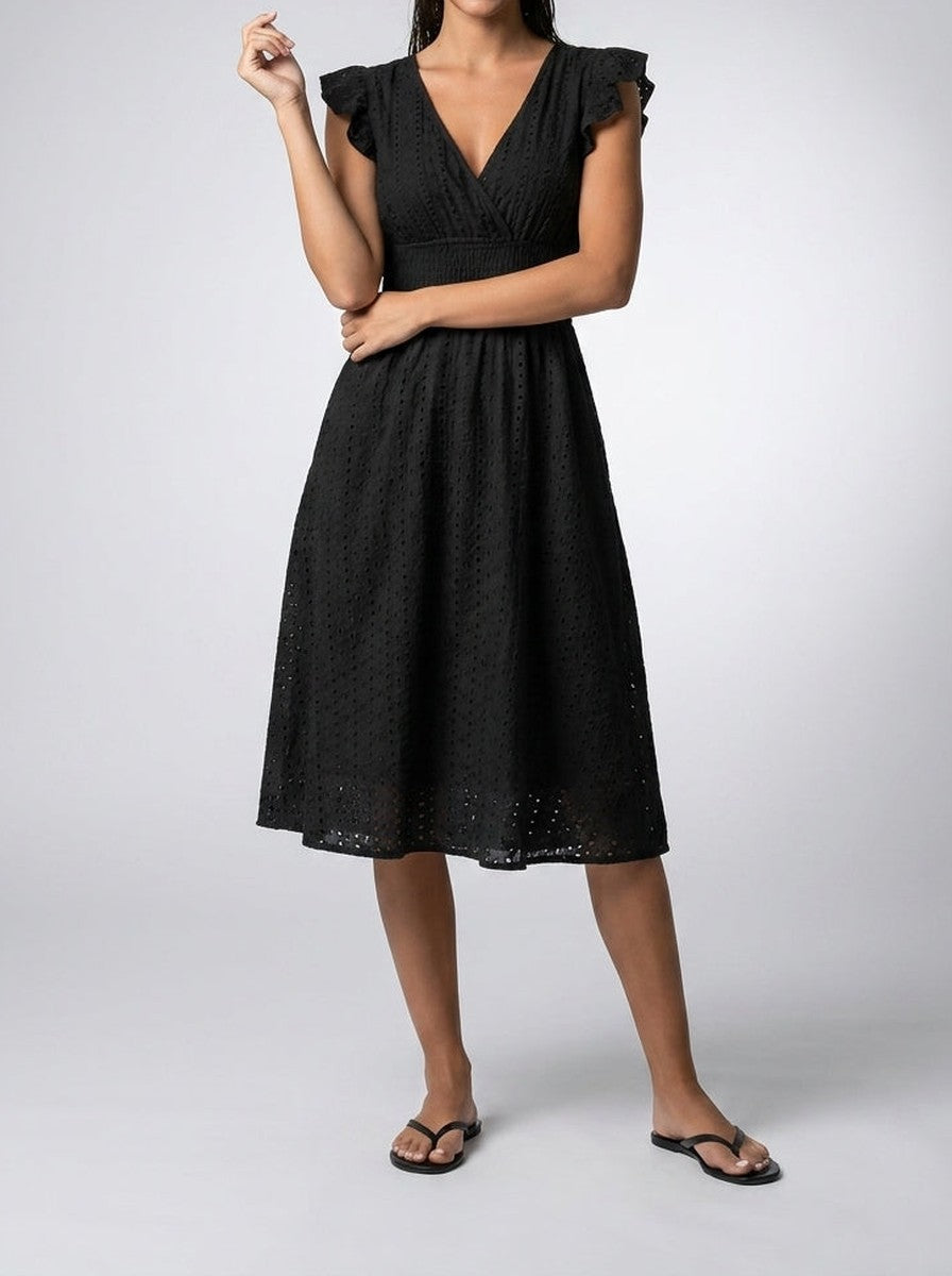 Women's Eyelet V-Neck Ruffle Cap Sleeve Midi Dress