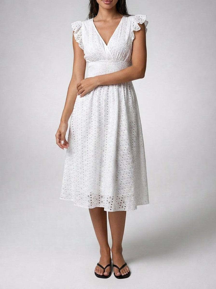 Women's Eyelet V-Neck Ruffle Cap Sleeve Midi Dress