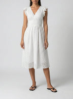 Women's Eyelet V-Neck Ruffle Cap Sleeve Midi Dress