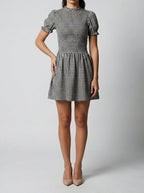 Women's Gingham Mini Dress with Puff Sleeve and Mock Neck