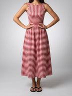 Women's Gingham Round Neck Sleeveless A-Line Midi Dress