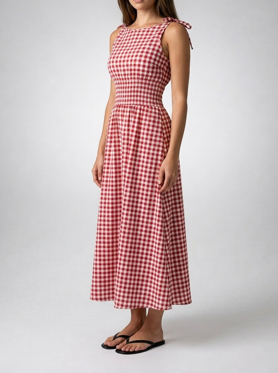 Women's Gingham Round Neck Sleeveless A-Line Midi Dress