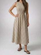 Women's Gingham Round Neck Sleeveless A-Line Midi Dress
