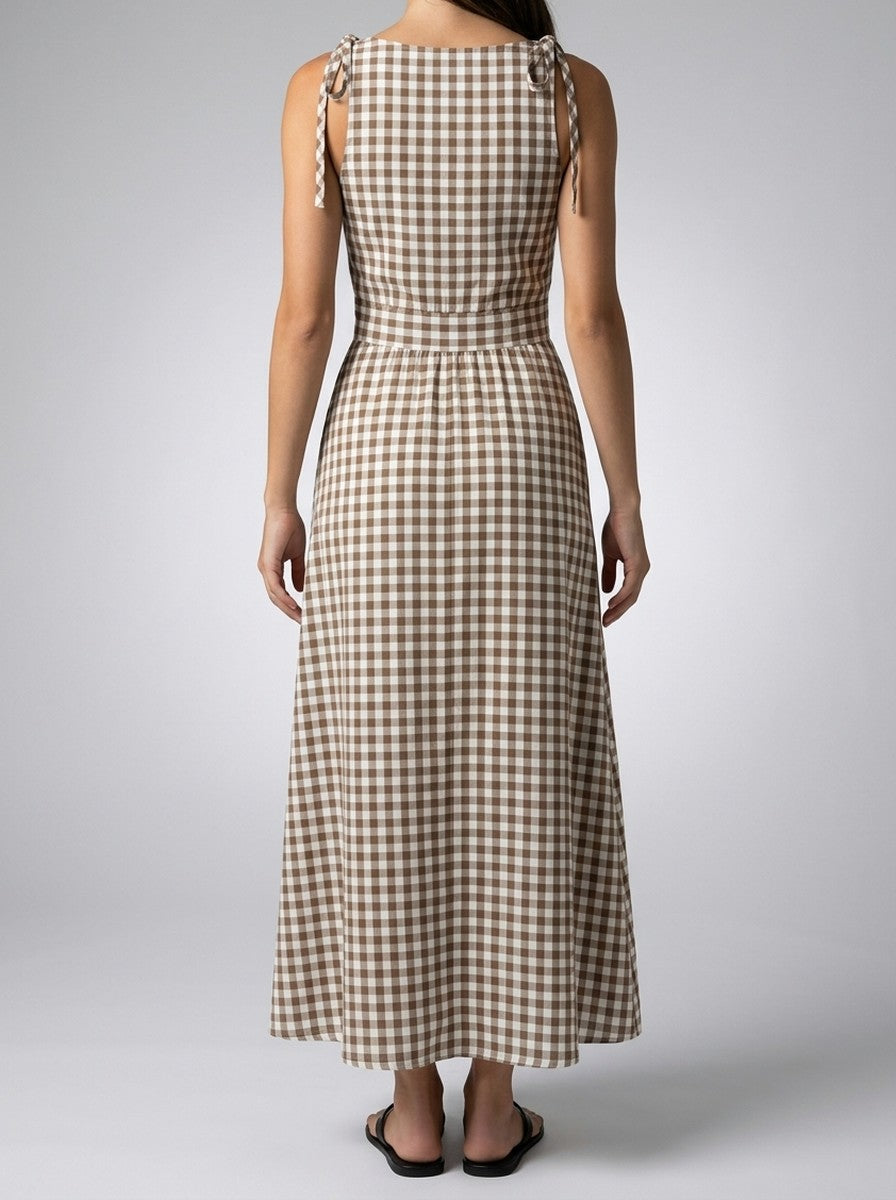 Women's Gingham Round Neck Sleeveless A-Line Midi Dress