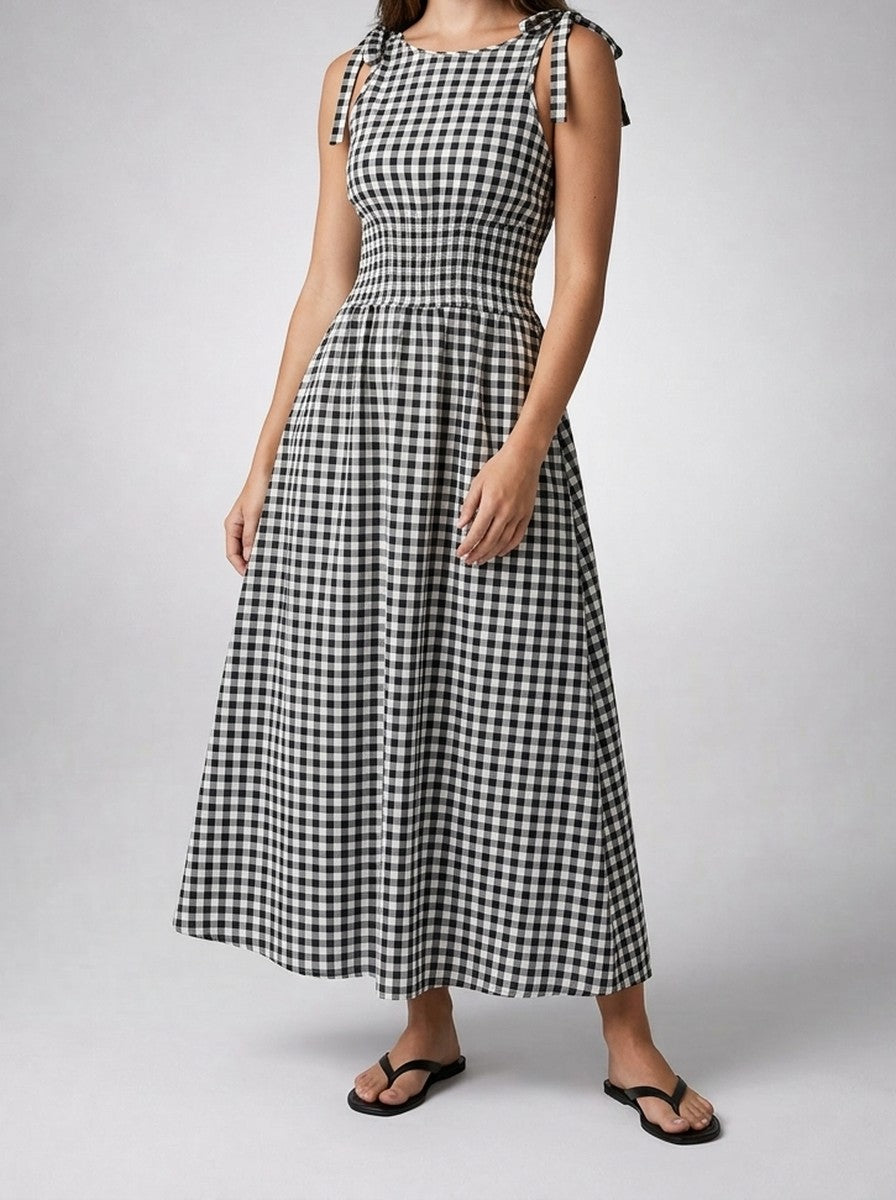 Women's Gingham Round Neck Sleeveless A-Line Midi Dress