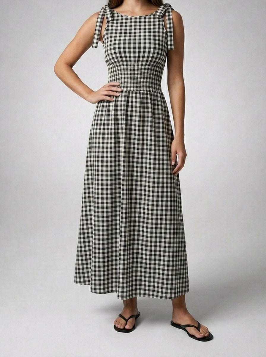 Women's Gingham Round Neck Sleeveless A-Line Midi Dress