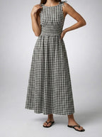 Women's Gingham Round Neck Sleeveless A-Line Midi Dress