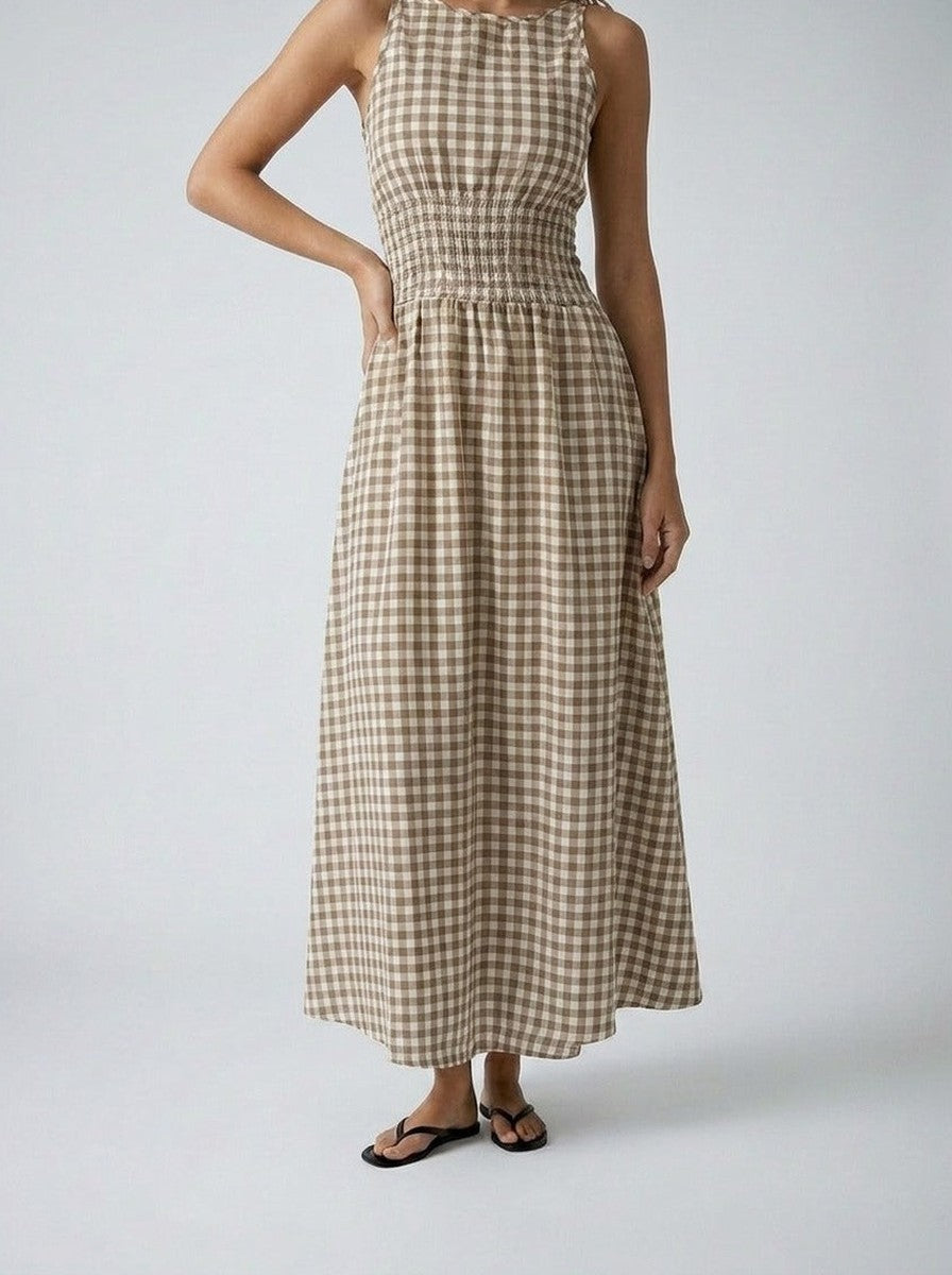 Women's Gingham Round Neck Sleeveless Maxi Dress