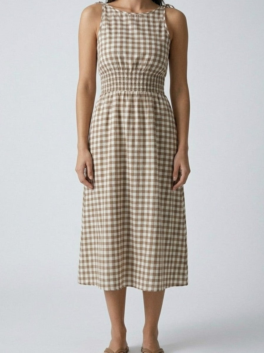 Women's Gingham Round Neck Sleeveless Maxi Dress