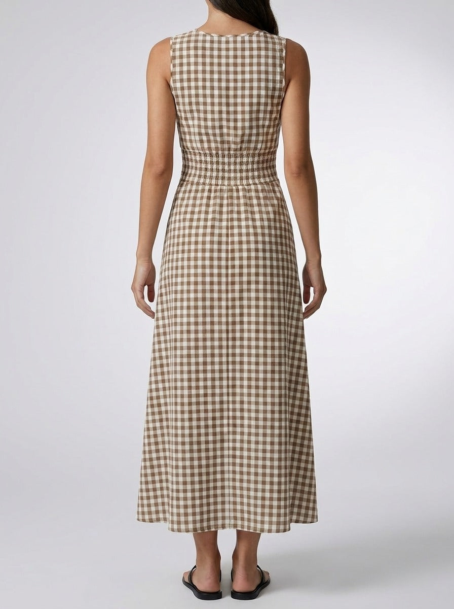 Women's Gingham Round Neck Sleeveless Maxi Dress