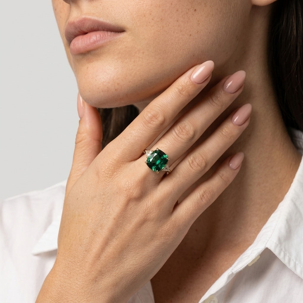 Women's Green Stone Three Stone Ring
