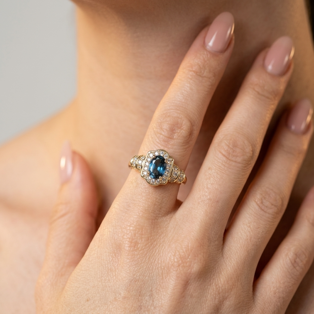Women's Halo Blue Stone Ring
