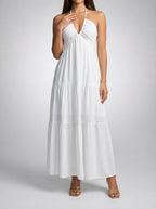 Women's Halter Tiered Sleeveless Wedding Guest Maxi Dress with V-Neck