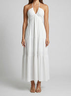 Women's Halter Tiered Sleeveless Wedding Guest Maxi Dress with V-Neck
