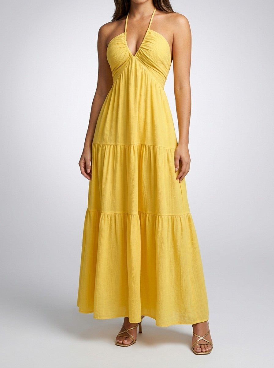 Women's Halter Tiered Sleeveless Wedding Guest Maxi Dress with V-Neck