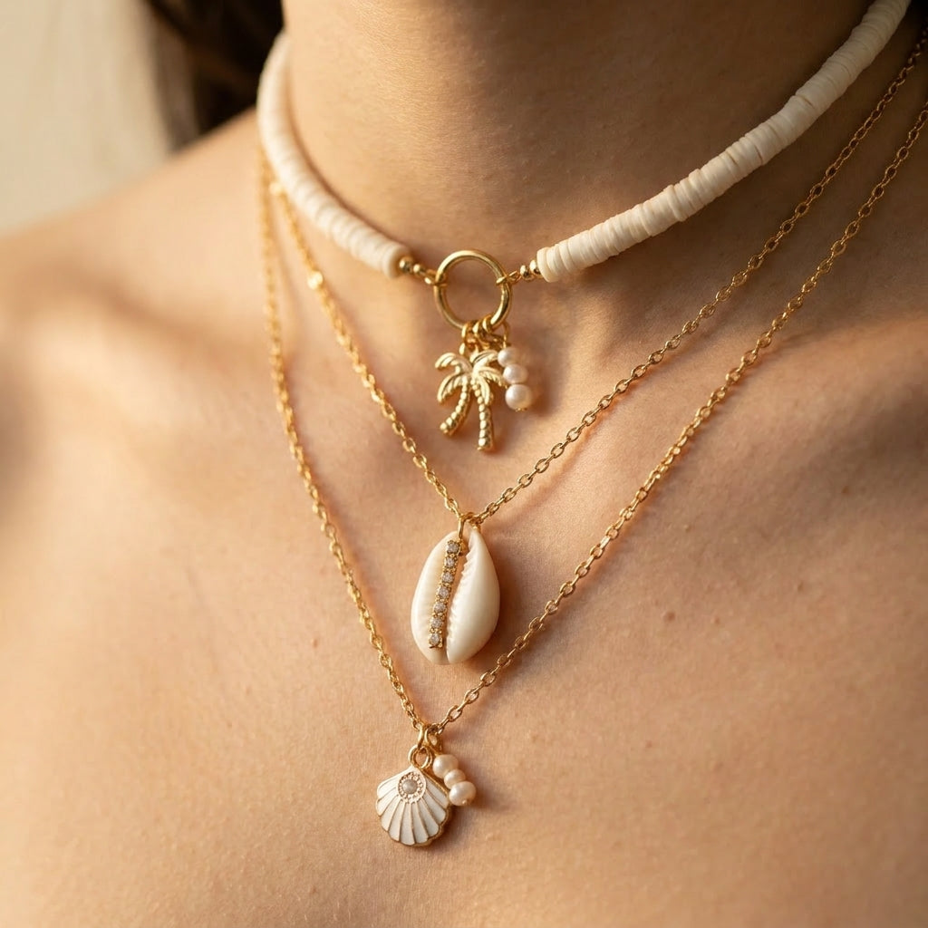Women's Layered Shell Charm Necklace Set