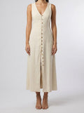 Women's Linen V-Neck Button Front Sleeveless Maxi Dress