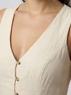 Women's Linen V-Neck Button Front Sleeveless Maxi Dress