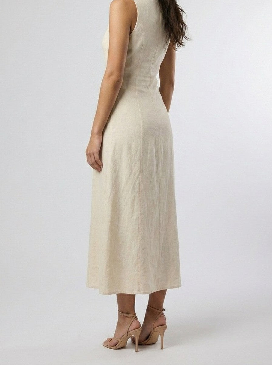 Women's Linen V-Neck Button Front Sleeveless Maxi Dress