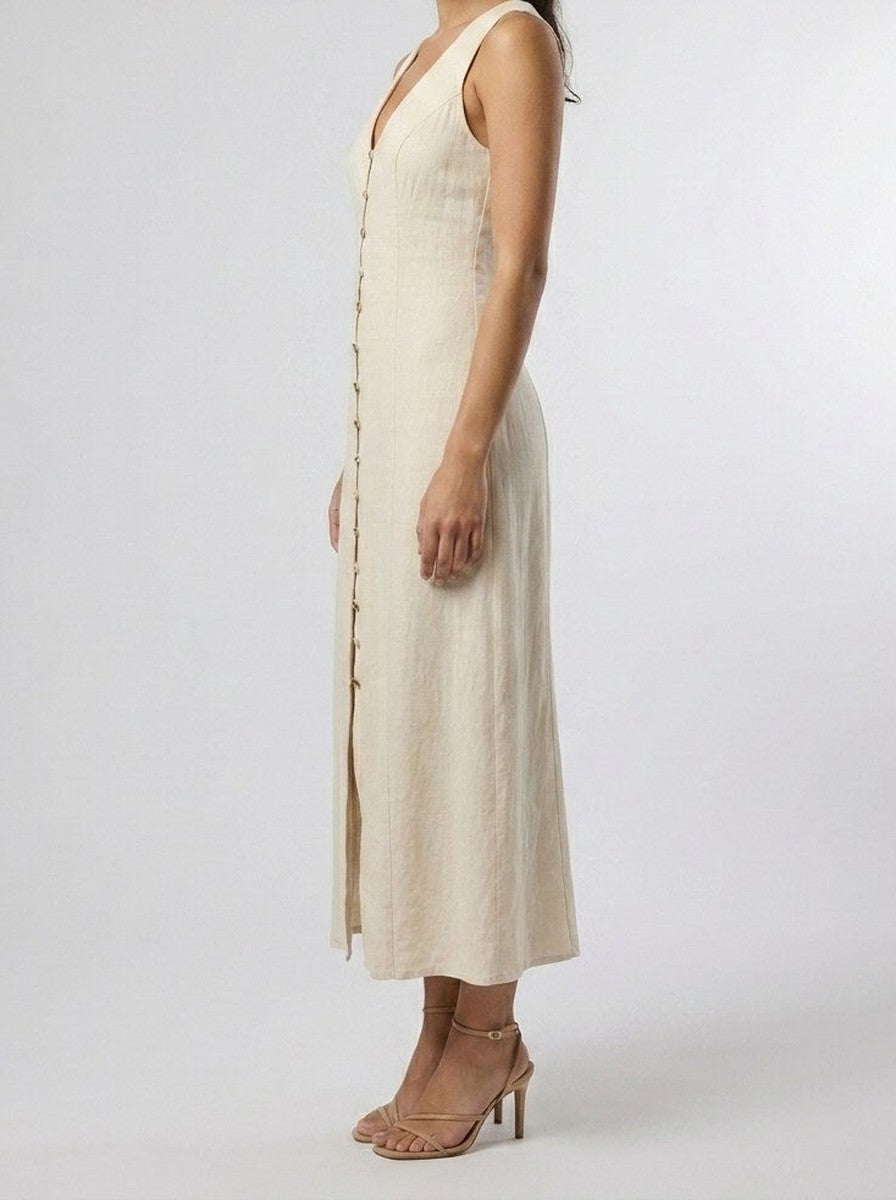 Women's Linen V-Neck Button Front Sleeveless Maxi Dress