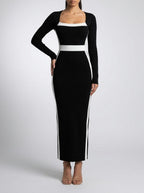 Women's Long Sleeve Colour Block Mermaid Maxi Dress with Square Neck