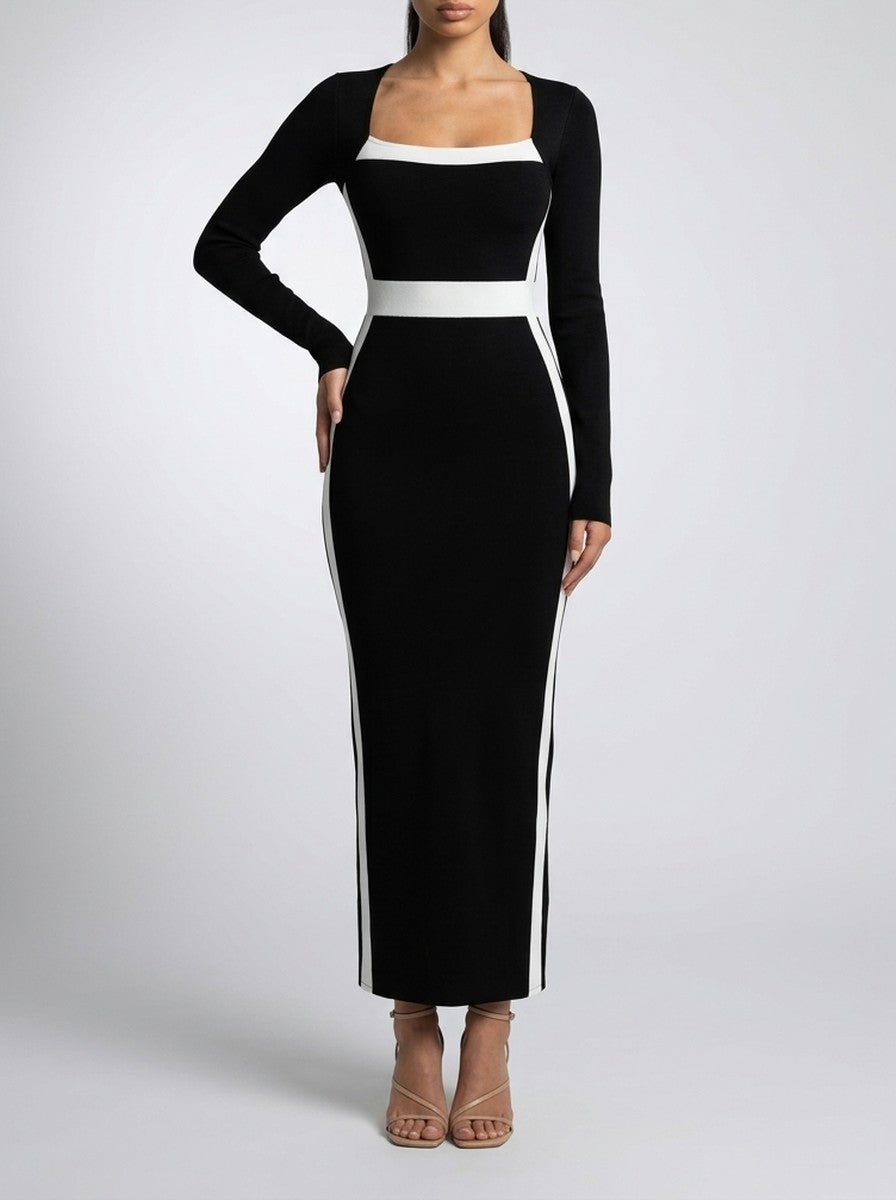 Women's Long Sleeve Colour Block Mermaid Maxi Dress with Square Neck