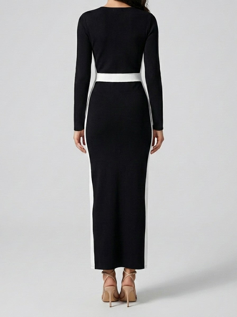 Women's Long Sleeve Colour Block Mermaid Maxi Dress with Square Neck